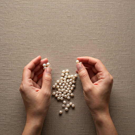 Hands gently touching a selection of unmounted pearls on a linen cloth.
